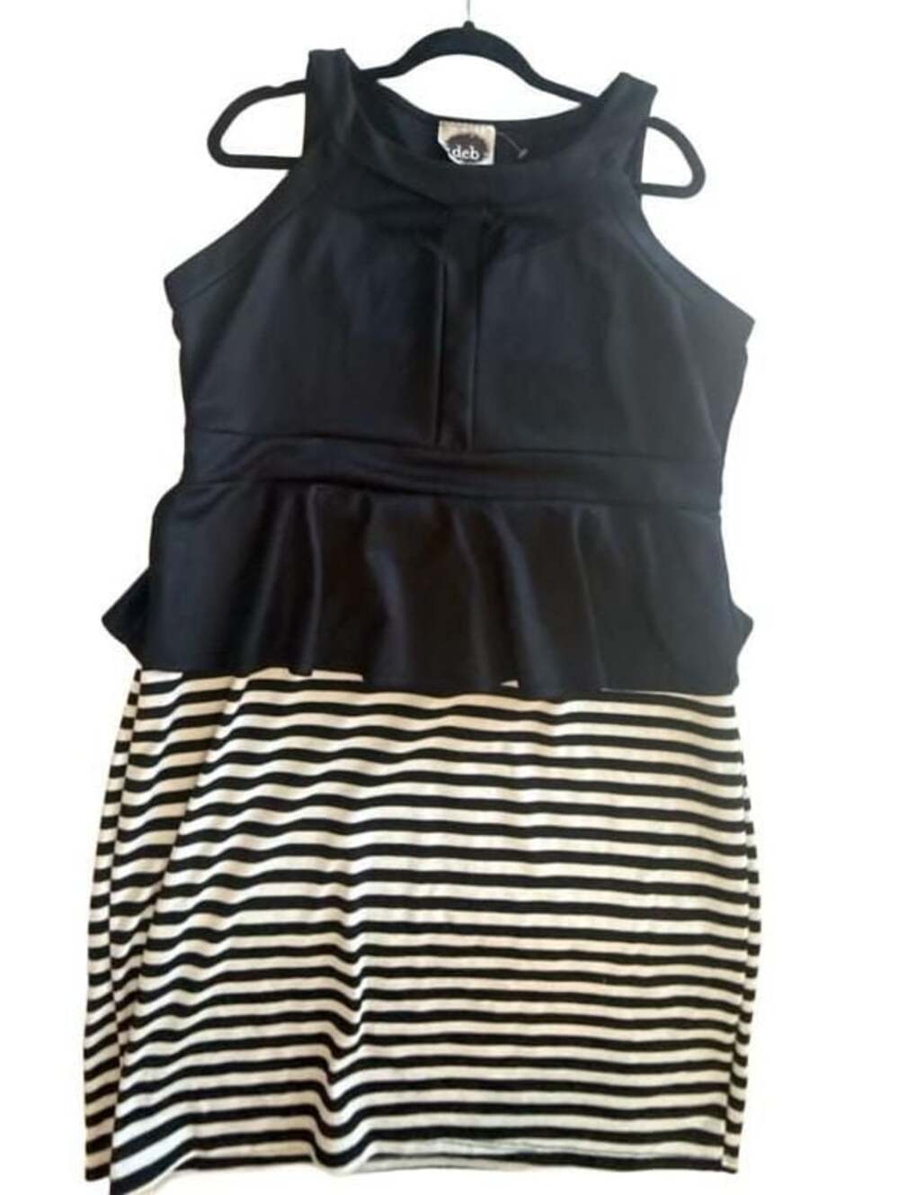Deb Black and White Striped Peplum Sleeveless Mini Dress
